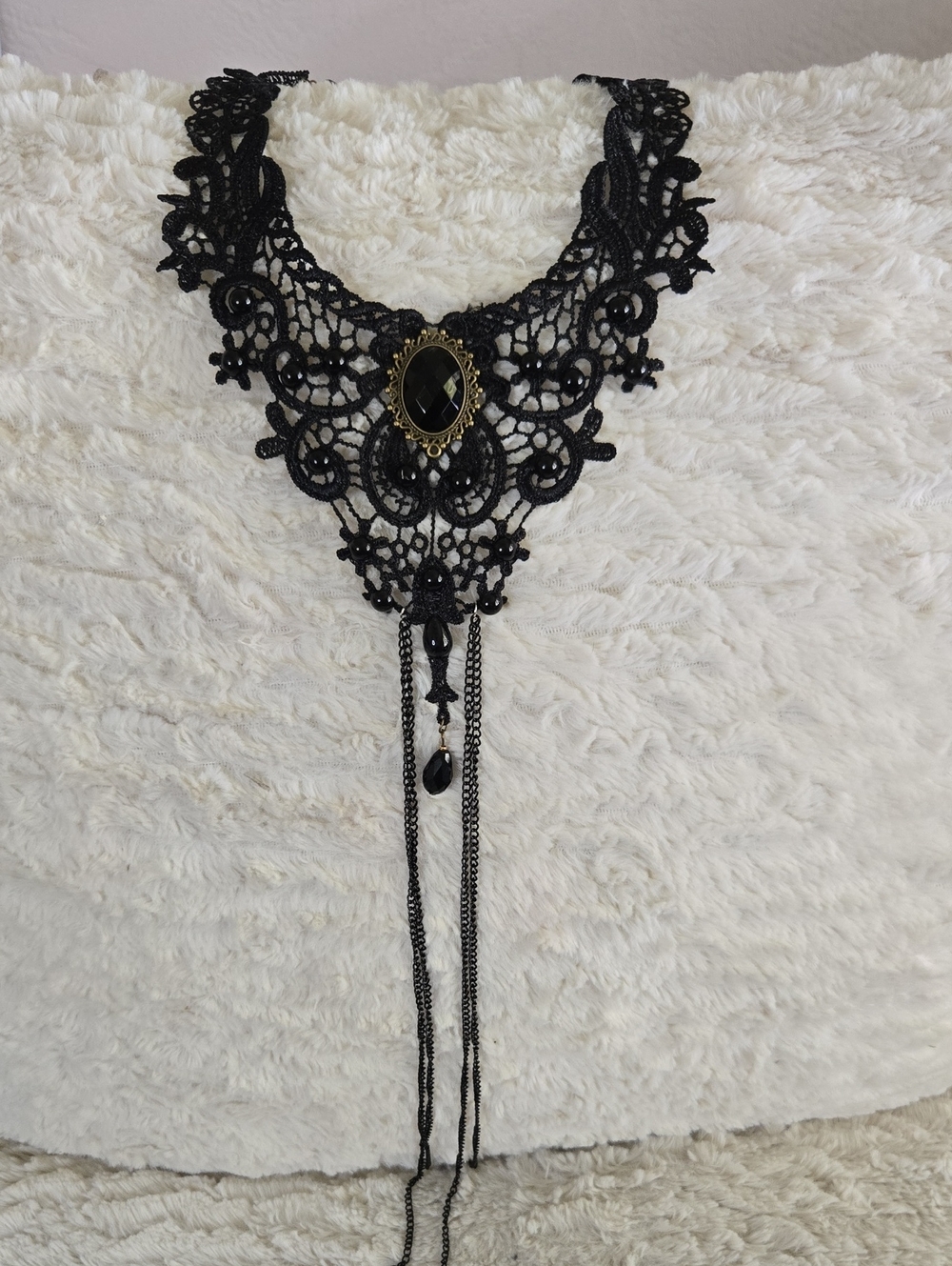 Victorian Black Lace Statement Necklace with Teardrop Pendant